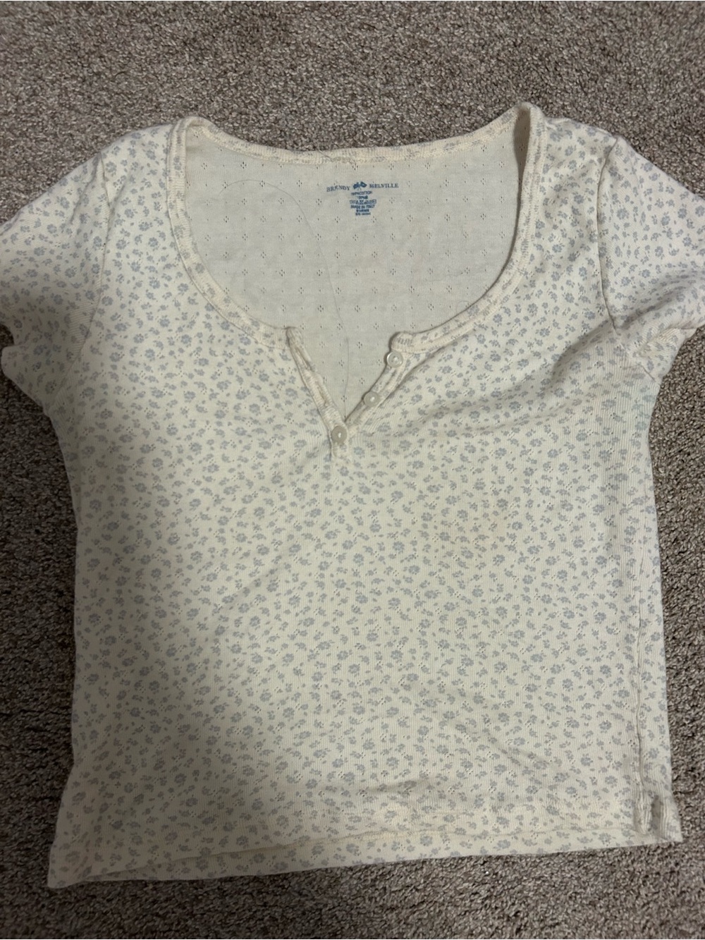 Brandy Melville Cream Short Sleeve Henley with Light Blue Floral Print